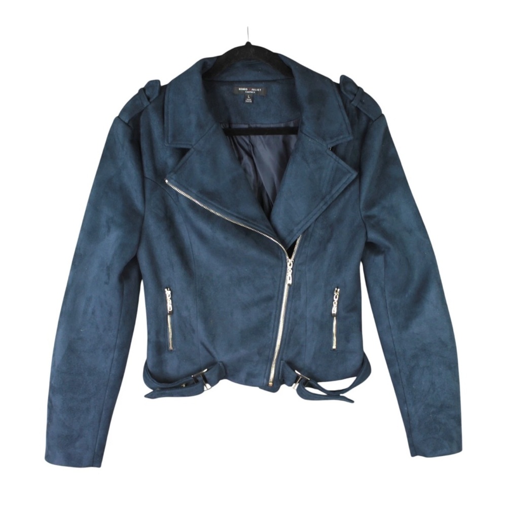 Romeo and Juliet Couture Faux suede Moto Jacket Women's Large Navy Blue Zipper